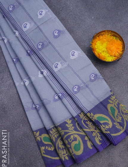 Bengal cotton saree grey and blue with thread woven buttas and long thread woven border without blouse