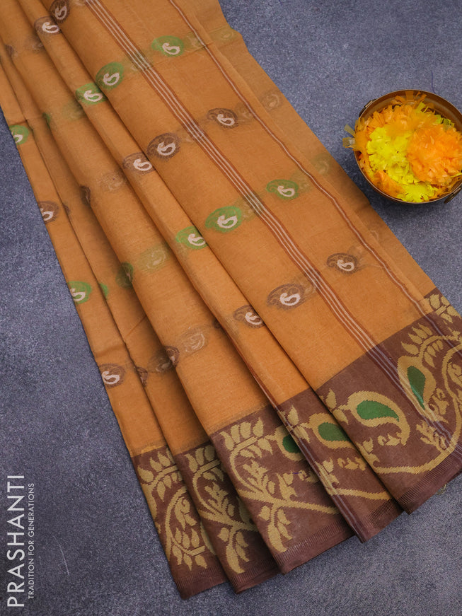 Bengal cotton saree dark sandal and brown with thread woven buttas and long thread woven border without blouse