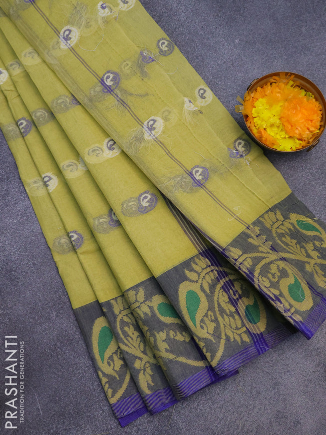 Bengal cotton saree light green and blue with thread woven buttas and long thread woven border without blouse