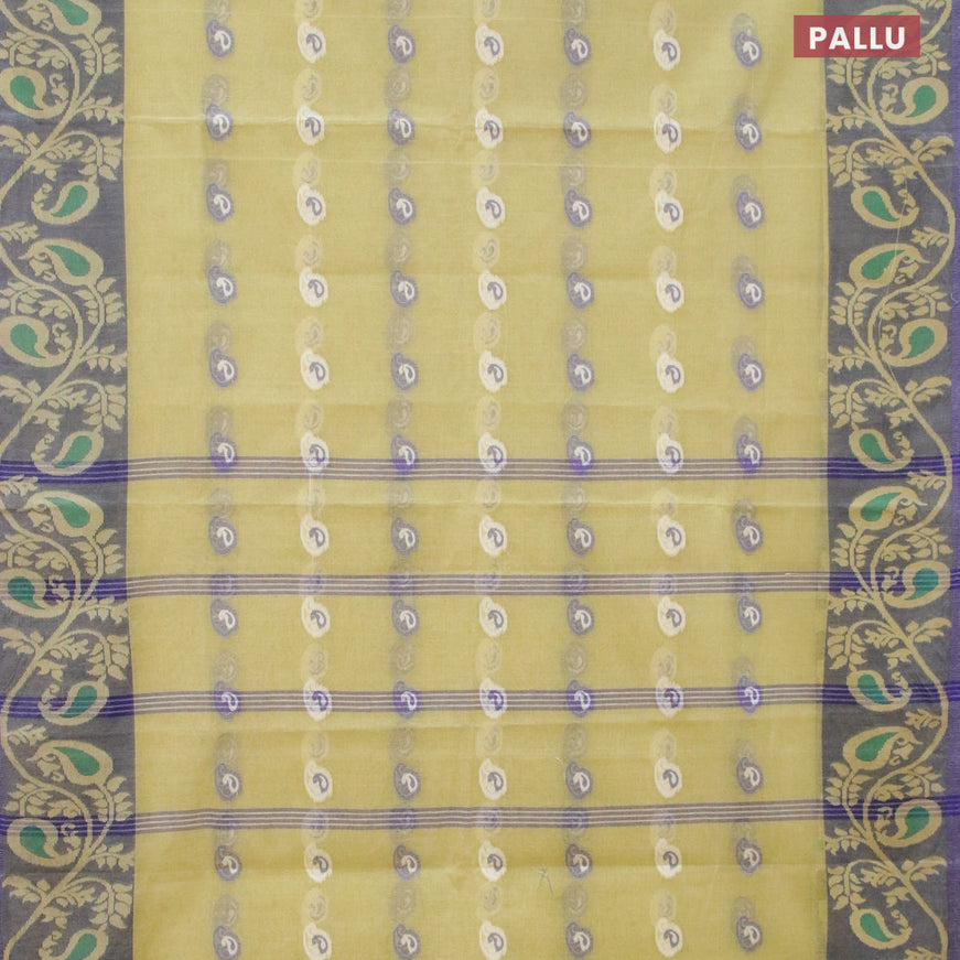 Bengal cotton saree light green and blue with thread woven buttas and long thread woven border without blouse