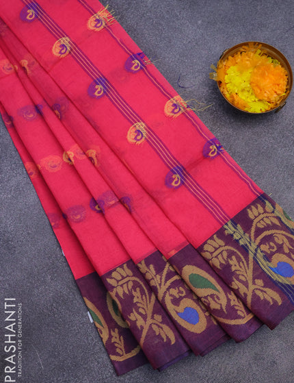 Bengal cotton saree pink and blue with thread woven buttas and long thread woven border without blouse