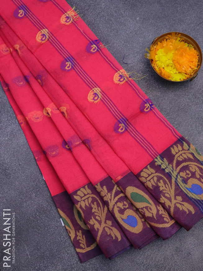 Bengal cotton saree pink and blue with thread woven buttas and long thread woven border without blouse