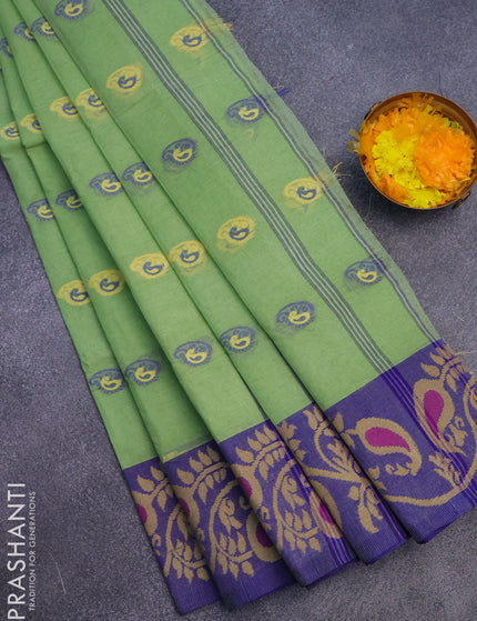 Bengal cotton saree pastel green and blue with thread woven buttas and long thread woven border without blouse