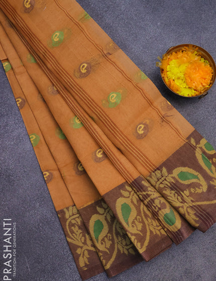 Bengal cotton saree dark sandal and brown with thread woven buttas and long thread woven border without blouse