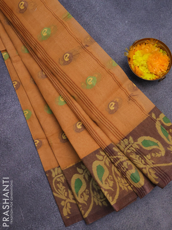 Bengal cotton saree dark sandal and brown with thread woven buttas and long thread woven border without blouse