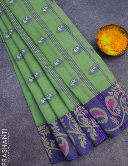 Bengal cotton saree light green and blue with thread woven buttas and long thread woven border without blouse