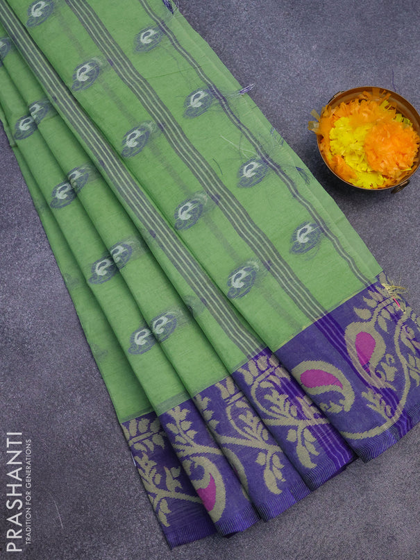 Bengal cotton saree light green and blue with thread woven buttas and long thread woven border without blouse