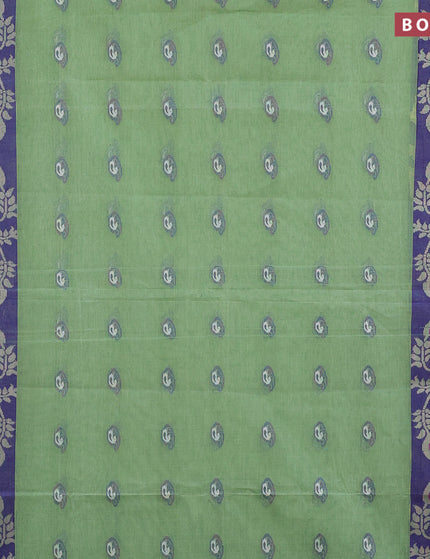 Bengal cotton saree light green and blue with thread woven buttas and long thread woven border without blouse