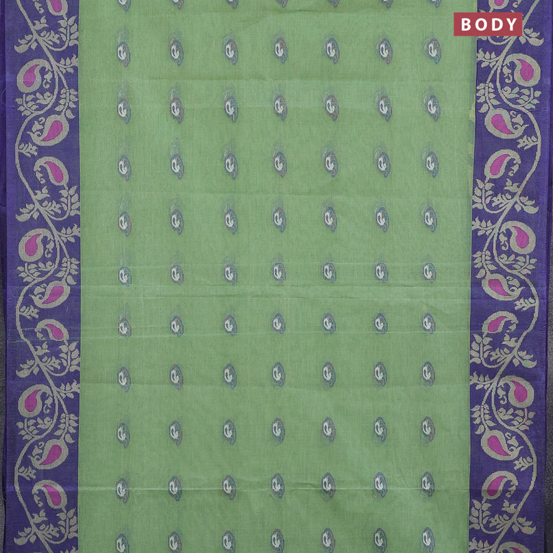 Bengal cotton saree light green and blue with thread woven buttas and long thread woven border without blouse