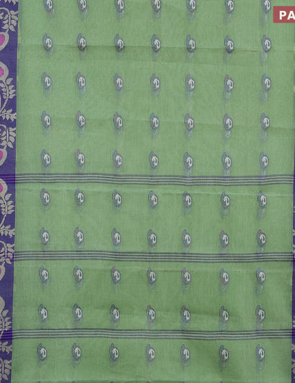 Bengal cotton saree light green and blue with thread woven buttas and long thread woven border without blouse