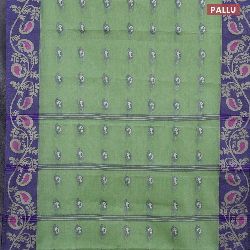 Bengal cotton saree light green and blue with thread woven buttas and long thread woven border without blouse