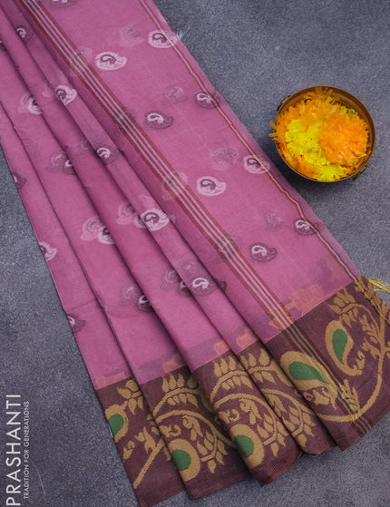 Bengal cotton saree mauve pink and brown with thread woven buttas and long thread woven border without blouse