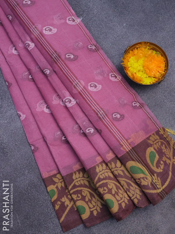 Bengal cotton saree mauve pink and brown with thread woven buttas and long thread woven border without blouse