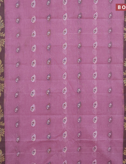 Bengal cotton saree mauve pink and brown with thread woven buttas and long thread woven border without blouse