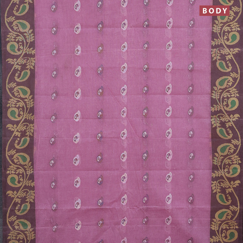 Bengal cotton saree mauve pink and brown with thread woven buttas and long thread woven border without blouse