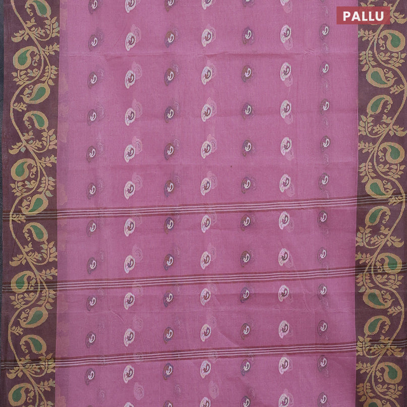 Bengal cotton saree mauve pink and brown with thread woven buttas and long thread woven border without blouse