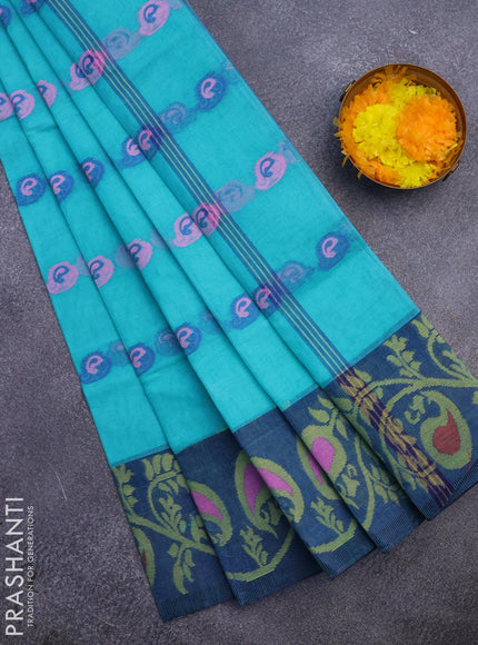 Bengal cotton saree teal blue and blue with thread woven buttas and long thread woven border without blouse