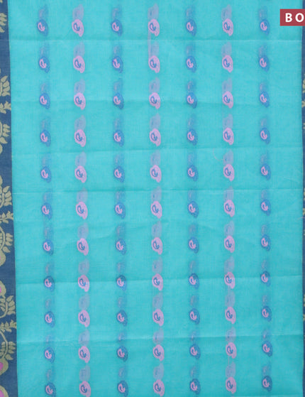 Bengal cotton saree teal blue and blue with thread woven buttas and long thread woven border without blouse