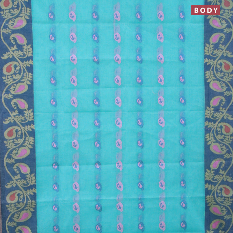 Bengal cotton saree teal blue and blue with thread woven buttas and long thread woven border without blouse