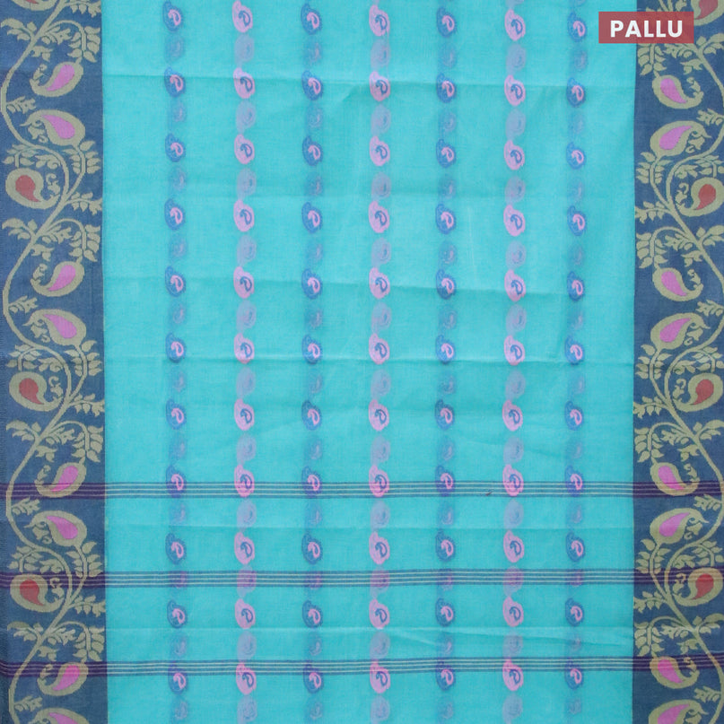 Bengal cotton saree teal blue and blue with thread woven buttas and long thread woven border without blouse