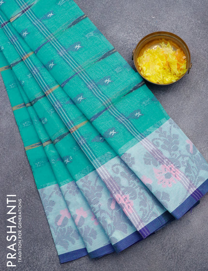 Bengal cotton saree teal green and blue with thread woven buttas and thread woven border without blouse