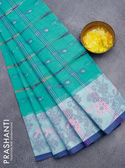 Bengal cotton saree teal green and blue with thread woven buttas and thread woven border without blouse