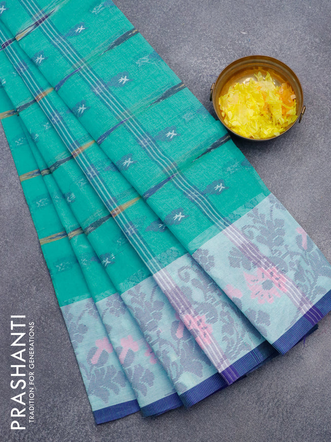 Bengal cotton saree teal green and blue with thread woven buttas and thread woven border without blouse
