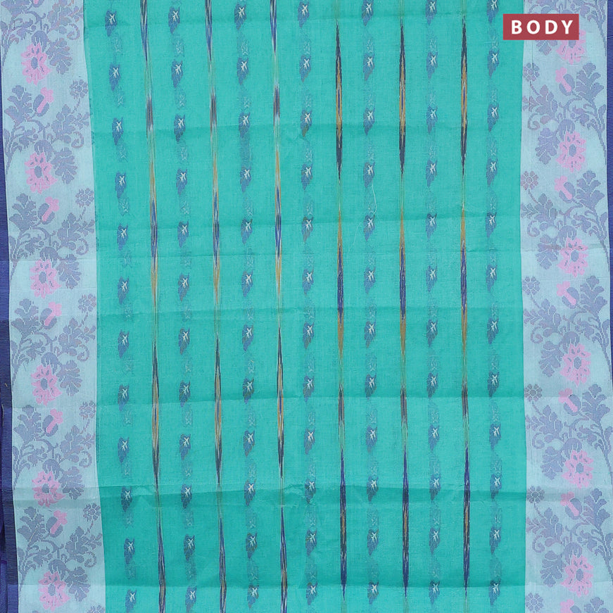 Bengal cotton saree teal green and blue with thread woven buttas and thread woven border without blouse