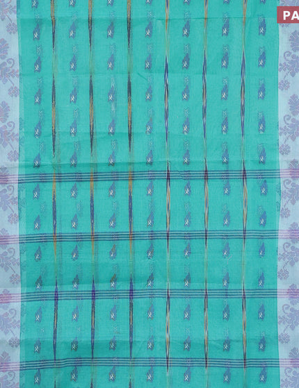 Bengal cotton saree teal green and blue with thread woven buttas and thread woven border without blouse