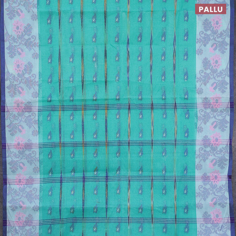 Bengal cotton saree teal green and blue with thread woven buttas and thread woven border without blouse