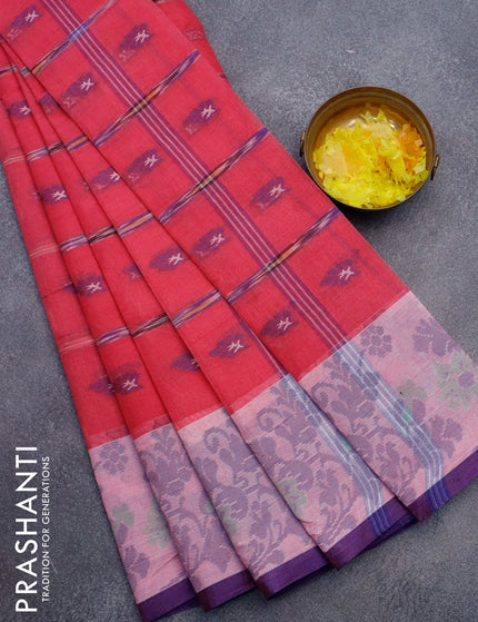 Bengal cotton saree pink and blue with thread woven buttas and thread woven border without blouse