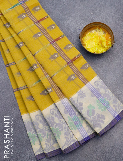 Bengal cotton saree mustard yellow and blue with thread woven buttas and thread woven border without blouse