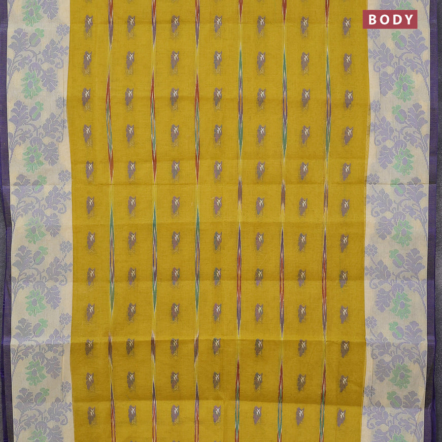 Bengal cotton saree mustard yellow and blue with thread woven buttas and thread woven border without blouse