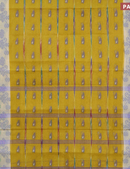 Bengal cotton saree mustard yellow and blue with thread woven buttas and thread woven border without blouse