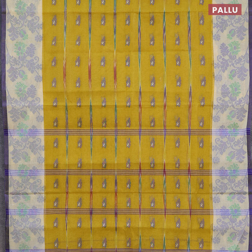 Bengal cotton saree mustard yellow and blue with thread woven buttas and thread woven border without blouse