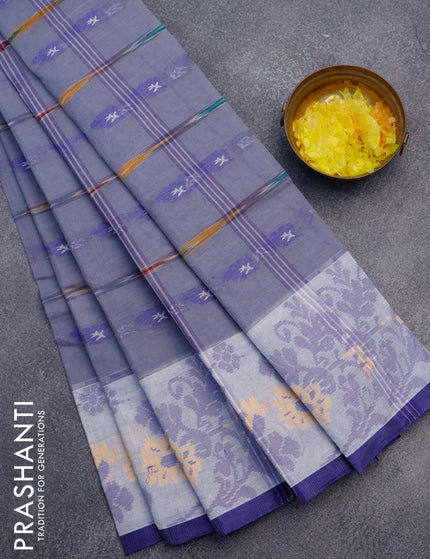 Bengal cotton saree grey and blue with thread woven buttas and thread woven border without blouse