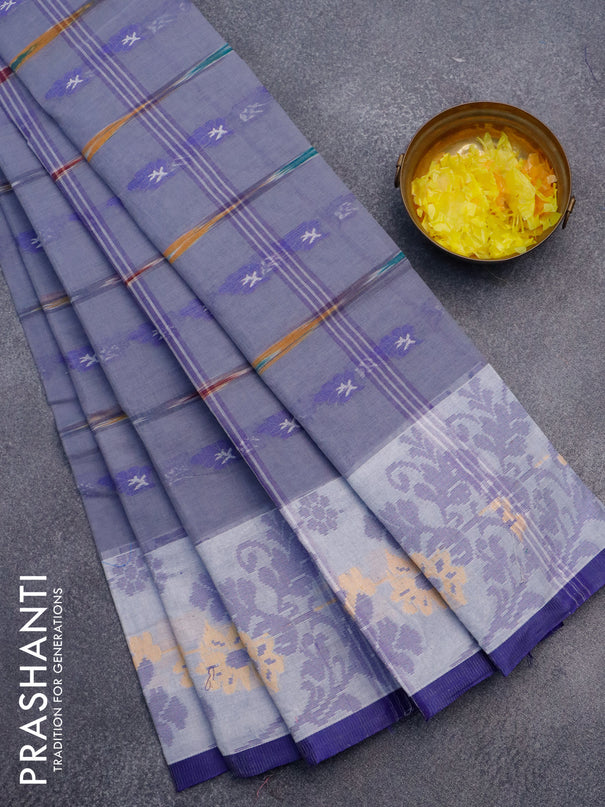 Bengal cotton saree grey and blue with thread woven buttas and thread woven border without blouse