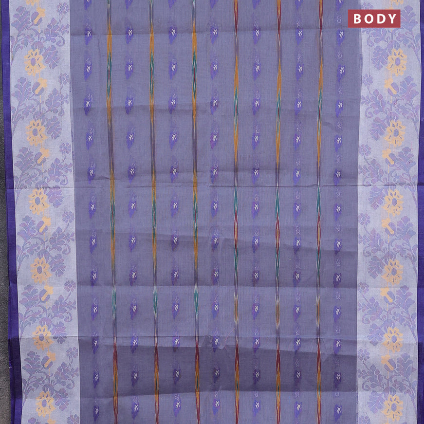 Bengal cotton saree grey and blue with thread woven buttas and thread woven border without blouse