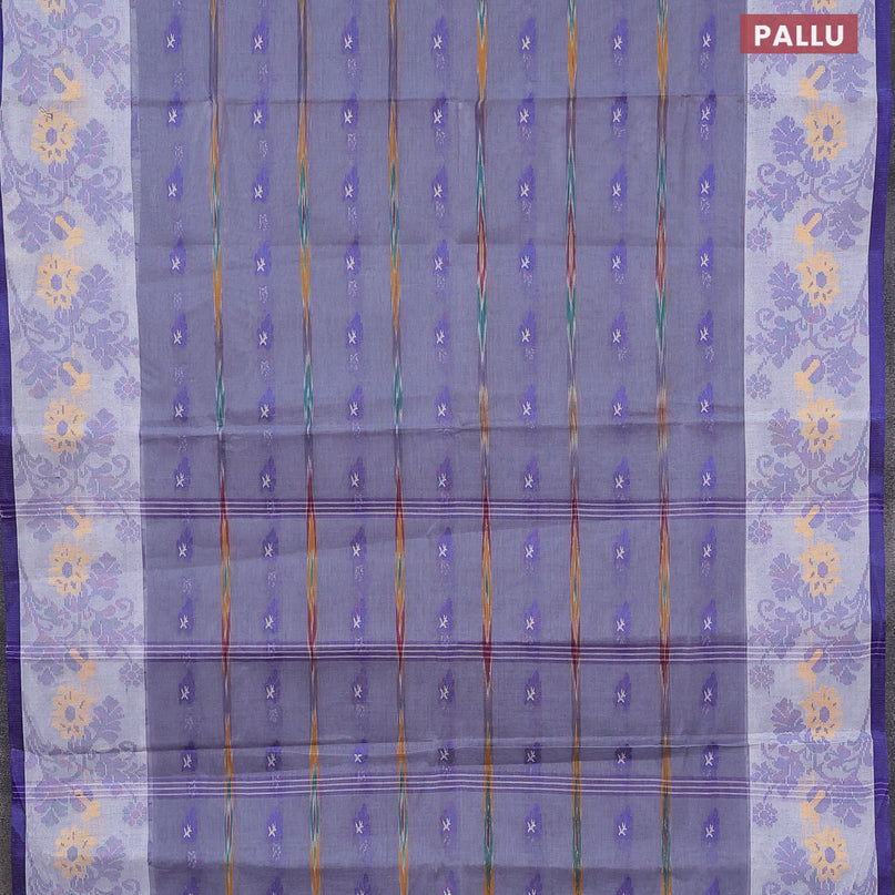 Bengal cotton saree grey and blue with thread woven buttas and thread woven border without blouse