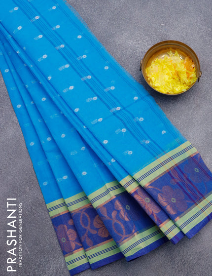 Bengal cotton saree cs blue and blue with thread woven buttas and copper zari woven border without blouse