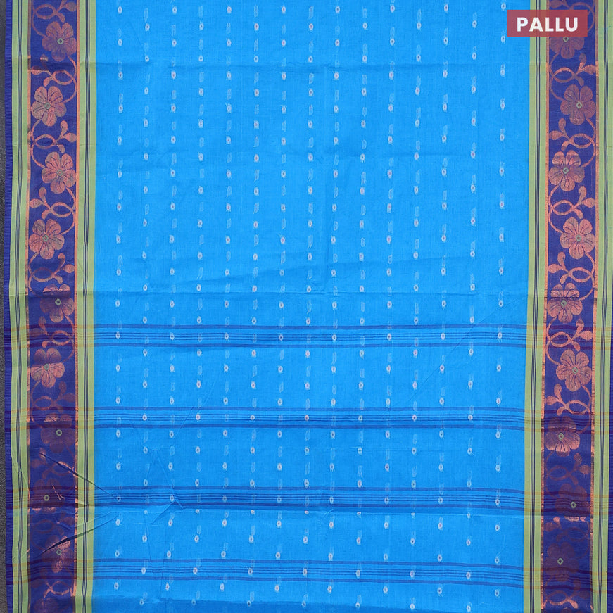 Bengal cotton saree cs blue and blue with thread woven buttas and copper zari woven border without blouse