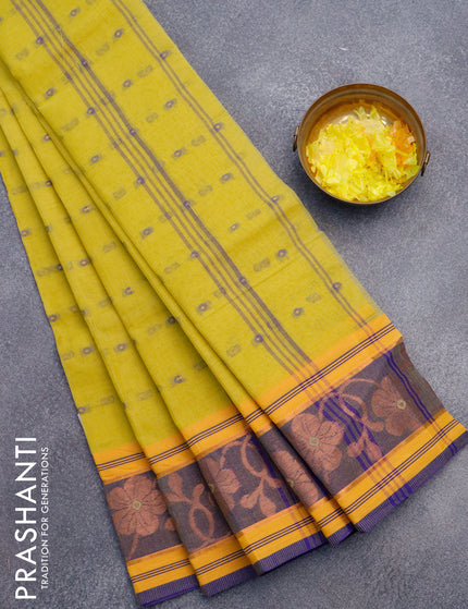 Bengal cotton saree lime yellow and blue with thread woven buttas and copper zari woven border without blouse