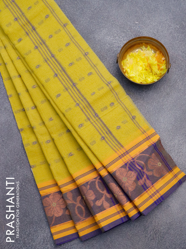 Bengal cotton saree lime yellow and blue with thread woven buttas and copper zari woven border without blouse