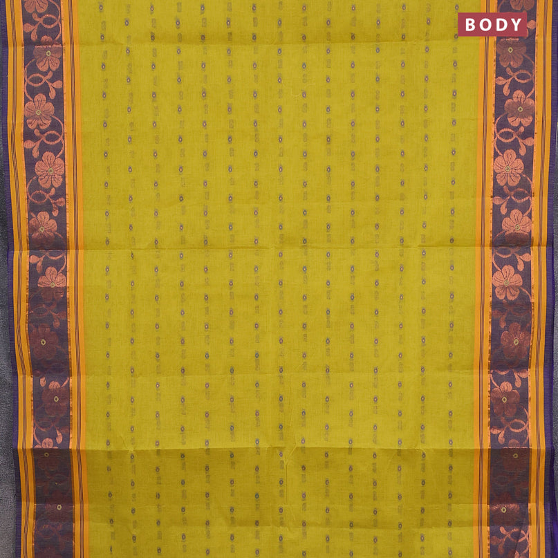 Bengal cotton saree lime yellow and blue with thread woven buttas and copper zari woven border without blouse