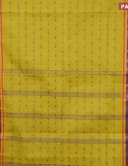 Bengal cotton saree lime yellow and blue with thread woven buttas and copper zari woven border without blouse