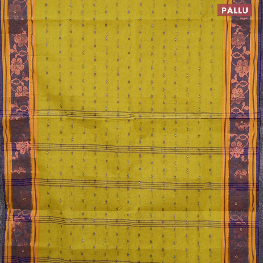 Bengal cotton saree lime yellow and blue with thread woven buttas and copper zari woven border without blouse