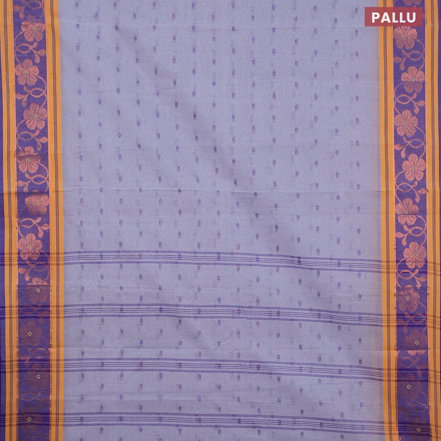 Bengal cotton saree grey and blue with thread woven buttas and copper zari woven border without blouse