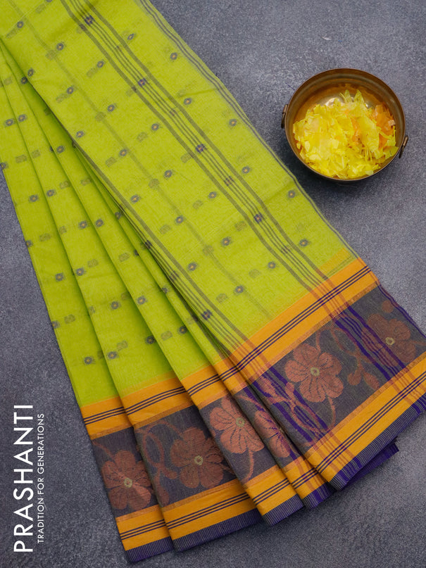 Bengal cotton saree fluorescent gree and blue with thread woven buttas and copper zari woven border without blouse