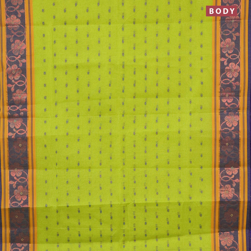 Bengal cotton saree fluorescent gree and blue with thread woven buttas and copper zari woven border without blouse