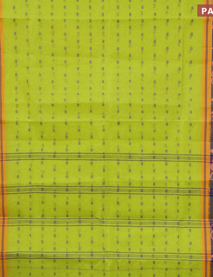 Bengal cotton saree fluorescent gree and blue with thread woven buttas and copper zari woven border without blouse